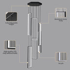 Modern Kitchen Island Dimmable Pendant Light Fixture - Black 108W LED Pendant Lights 6 Rings Rectangular Chandelier for Staircase, Large Ceiling, Lobby, Living Room, Foyer