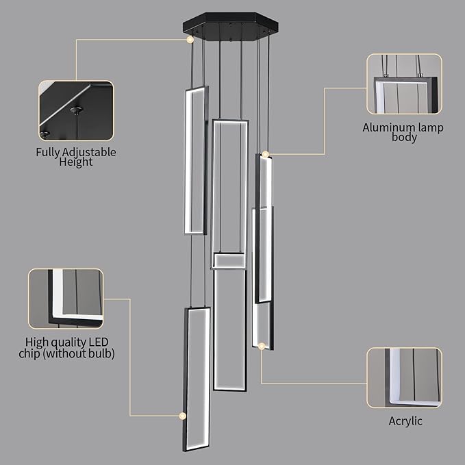 Modern Kitchen Island Dimmable Pendant Light Fixture - Black 108W LED Pendant Lights 6 Rings Rectangular Chandelier for Staircase, Large Ceiling, Lobby, Living Room, Foyer