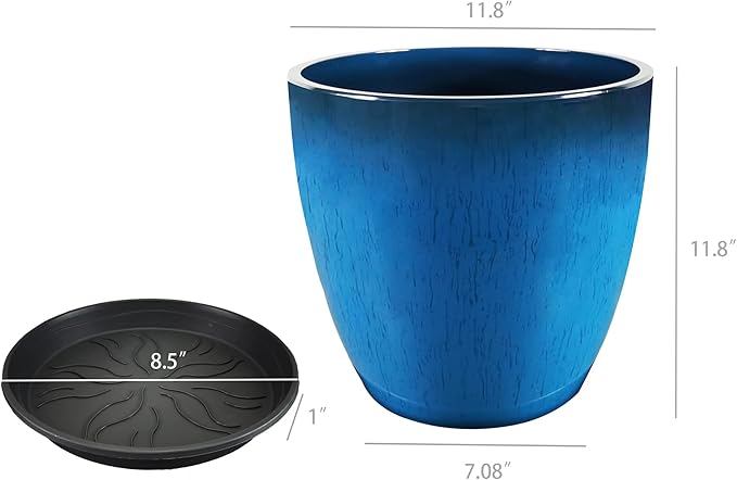 FixtureDisplays® Garden Plastic Round 11.8" Diameter 12" Tall Planter Resin Glazed Faux Ceramic Flower Pots Drainage Hole with Saucer Decorative Pot 15580-NF
