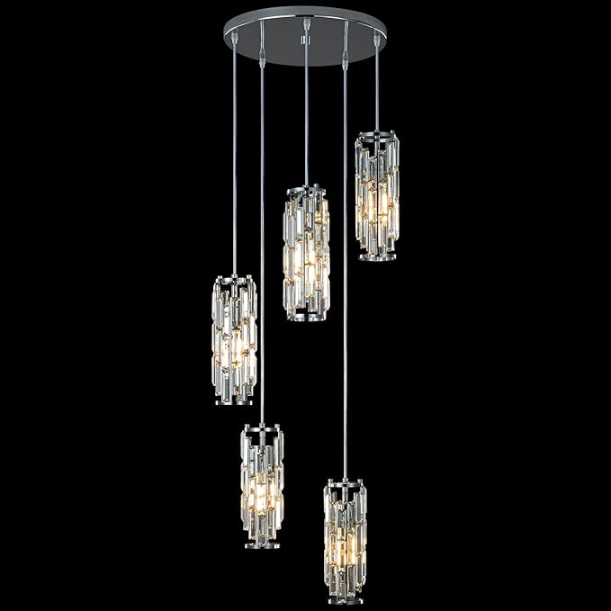 LMQNINE Pendant Light, Chrome Modern Pendant Light Fixtures, Mini Crystal Chandeliers, Adjustable 5-Light Pendant Lighting for Kitchen Island Dinning Room Bedroom (Chrome 5-Light)