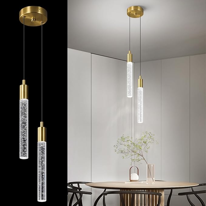 Modern Light Fixture Kitchen Island Pendant Light Dimmable LED Gold Pendant Lights Mini Crystal Pendant Lighting for Bedroom Dining Room Living Room（2-Light ）
