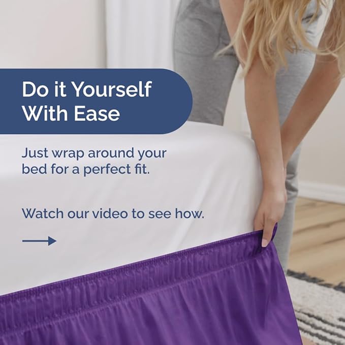 Wrap Around Dust Ruffle Bed Skirt - Purple - for King Size Beds with 15 Inch Drop - Easy Fit Elastic Strap - Adjustable Pleated Bedskirt w/Brushed Fabric - Wrinkle Free - for Women, Men, Kids & Teens