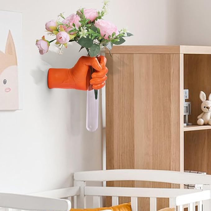 Orange Wall Sculptures, Hand Vases Home Decor, Wall Mount Art Sculpture, Unique Wall Art Statue, Funky Flower Vase Decorations, Modern Eclectic Hanging Decor,Glass Test Tube Vase (Orange)