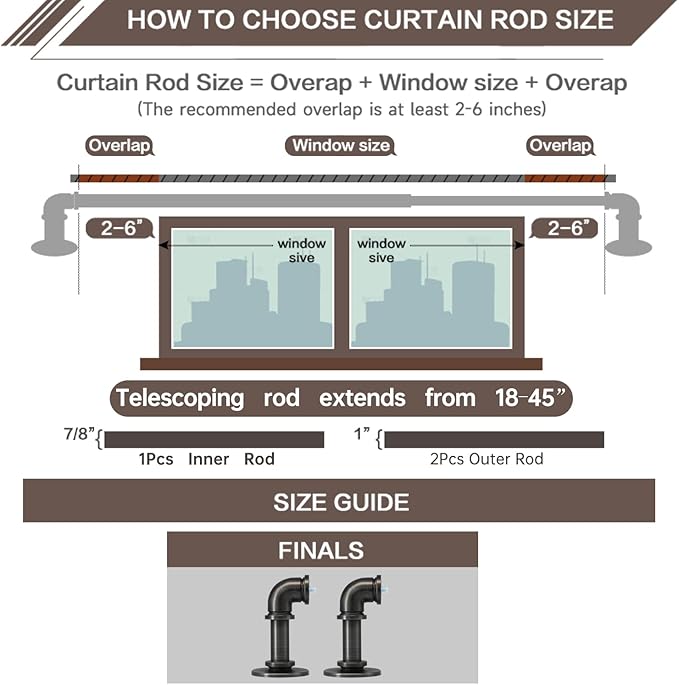 Industrial Curtain Rods 18 to 45 in,Wrap Around Rods, Adjustable Curtain Pole,1 in Diameter Pipe Wall or Ceiling Mounted,for Living Room(Antique Nickel 18” to 45”)