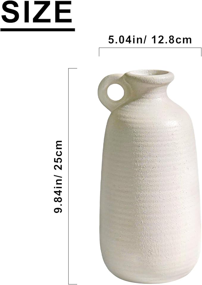Sunddo White Vase with Handle, 10 inch Ceramic Rustic Vase, Farmhouse Decor, Boho Modern Decorations, Table, Living Room, Shelf, Mantel Decor