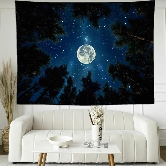 keowhsf Forest Galaxy Tapestry for Bedroom Ceiling - Starry Night Sky with Moon and Trees, Blue Aesthetic Wall Hanging, Milky Way Landscape Backdrop for Living Room and Dorm Decor