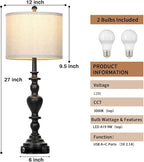 27" Vintage Table Lamps for Living Room Set of 2, Farmhouse Rustic Nightstand Lamps with USB C+A Ports, 3-Way Dimmable Bedside Lamp for Bedrooms Office Dorm, 2 LED Bulbs Included Washed Antique Black