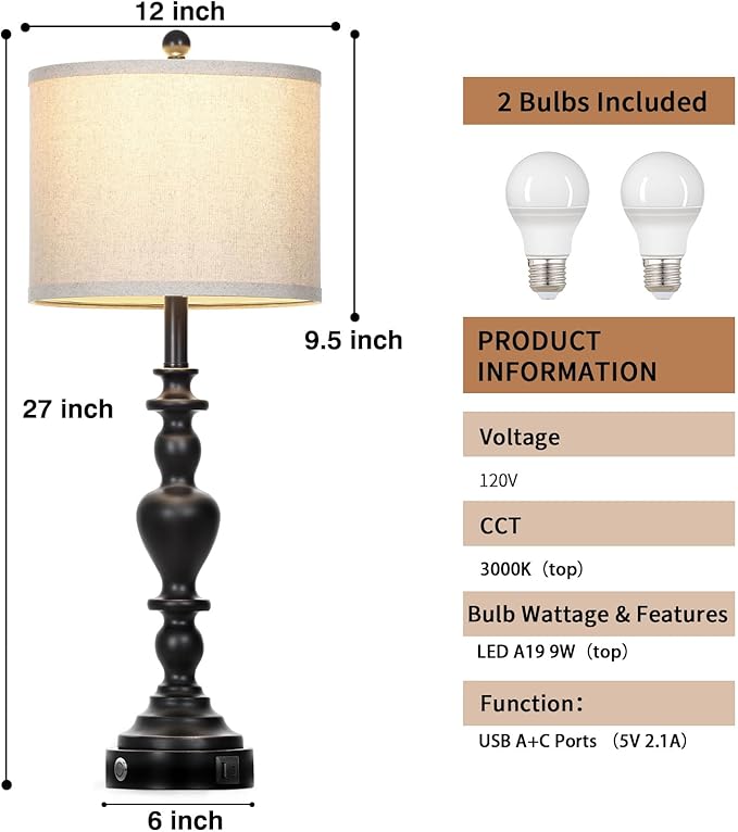 27" Vintage Table Lamps for Living Room Set of 2, Farmhouse Rustic Nightstand Lamps with USB C+A Ports, 3-Way Dimmable Bedside Lamp for Bedrooms Office Dorm, 2 LED Bulbs Included Washed Antique Black