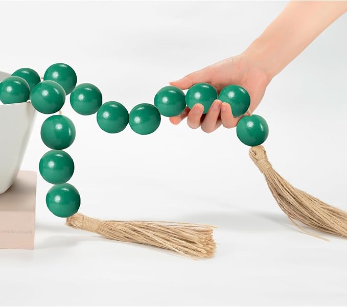 OMISHE Extra Large Wood Bead Garland Green with 1.6" Diameter Wooden Beads and Tassels, 41" Long Rustic Farmhouse Country Decorative Beads for Home Tiered Tray Decor, Green