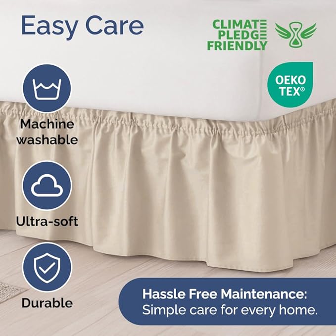 Wrap Around Dust Ruffle Bed Skirt - Wheat - for Full Size Beds w/ 15 Inch Drop - Easy Fit Elastic Strap - Adjustable Pleated Bedskirt w/Brushed Fabric - Wrinkle Free - for Women, Men, Kids & Teens