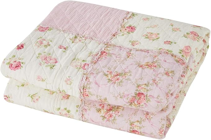 Cozyholy Original 100% Cotton Patchwork Quilt Pink Floral Bedspread Coverlet Reversible Vintage Shabby Chic Quilted Throw Blanket Bed Quilt Cover for Couch Sofa