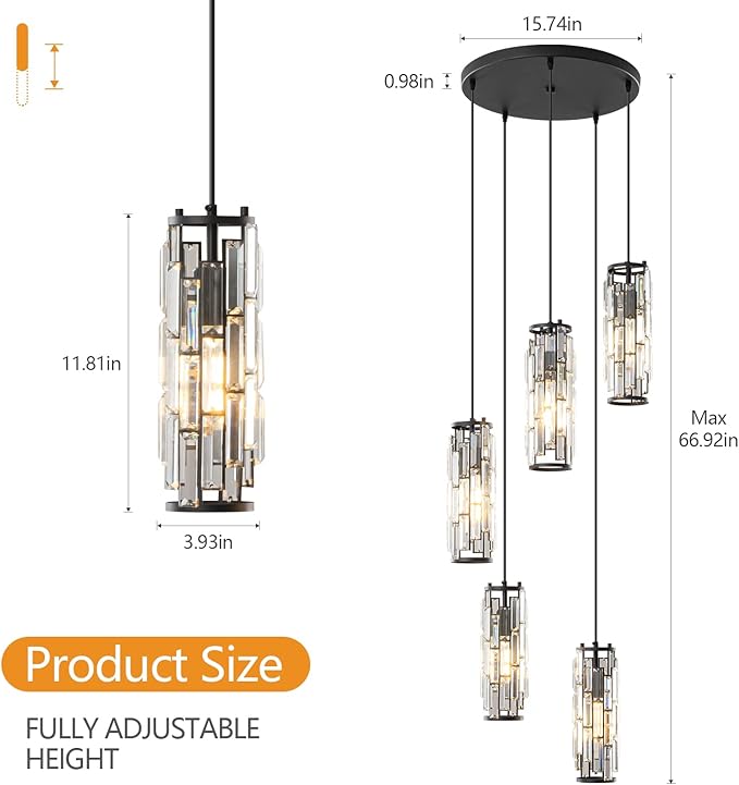 LMQNINE Pendant Light, Black Modern Pendant Light Fixtures, Mini Crystal Chandeliers, Adjustable 5-Light Pendant Lighting for Kitchen Island Dinning Room Bedroom (Black 5-Light)