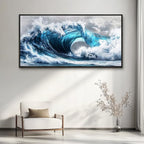 PHAOHUAXM Large Canvas Blue Wave Paintings Wall Art For Living Room Wall Decoration For Bedroom Ocean Wall Pictures Printing Office Decorations Posters Modern Home Decor Black Framed 30x60 In