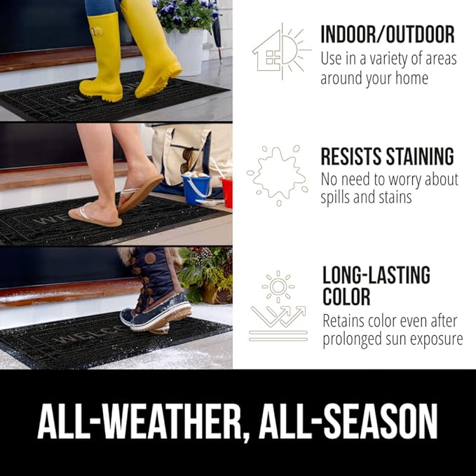 GORILLA GRIP 100% Waterproof All-Season WeatherMax Doormat, US Designed Natural Rubber, Stain and Fade Resistant, Low Profile Indoor Outdoor Door Mats, Easy Clean Patio Mat, 17x29, Black Welcome