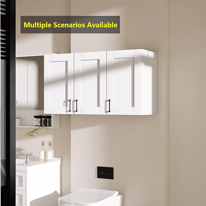 White Laundry Room Cabinets and Storage with 3 Doors and Utility Adjustable Shelf，Gabinetes Para Cocina Cupboard Kitchen Organizers and Storage Pantry Wall Mounted 12.4"D x 35.4"W x 19.7"H