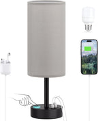 Grey Touch Bedside Lamp with USB - 3 Way Dimmable Table Lamp for Bedroom, Nightstand Lamp with Black Charging Station for Desk Dorm, Office, Boy Kids Room, Small