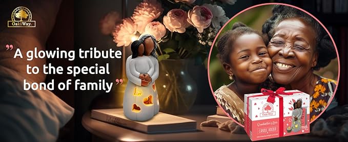 Grandma-Granddaughter Hand-Painted Candle Holder Statue W/Flickering LED Candle | Unique Nana Present Ideas for Christmas, Gigi Grandmother Birthday Gift, Greeting Card Included (Dark)
