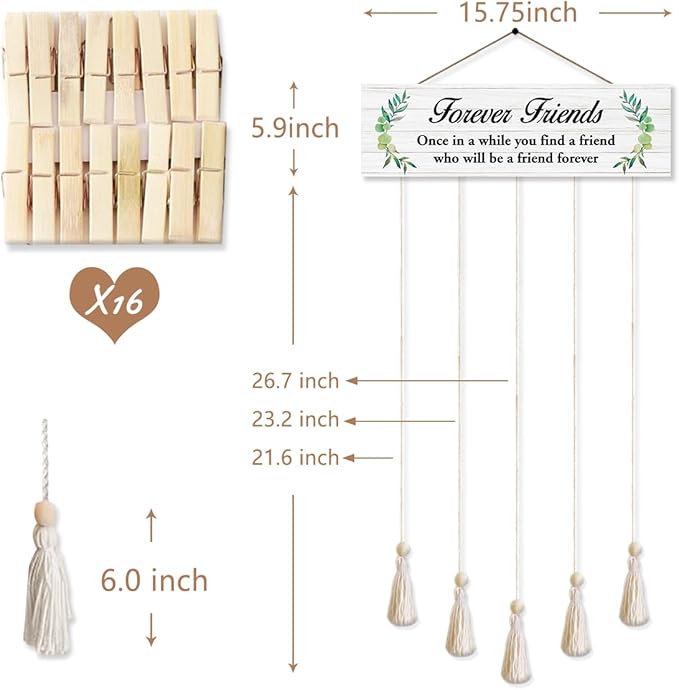 Forever Friends Hanging Photo Display Board with 16 Clips 5 Strings,Rustic Style Picture Collage Frames Wall Decor Wood Hanging for Home Dorm Décor,Housewarming Gifts for Friends Besties