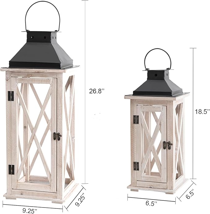 TIMRIS Large Wooden Candle Lanterns Decorative Set of 2, Rustic Farmhouse Whitewash Floor Lanterns, Indoor/Outdoor Hanging Lanterns for Home Decor (No Glass)