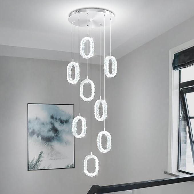 Silver 8 Rings Crystal Chandelier for Foyer Stairwell High Ceiling Chandelier Dimmable Oval Crystal Ring Pendant Light