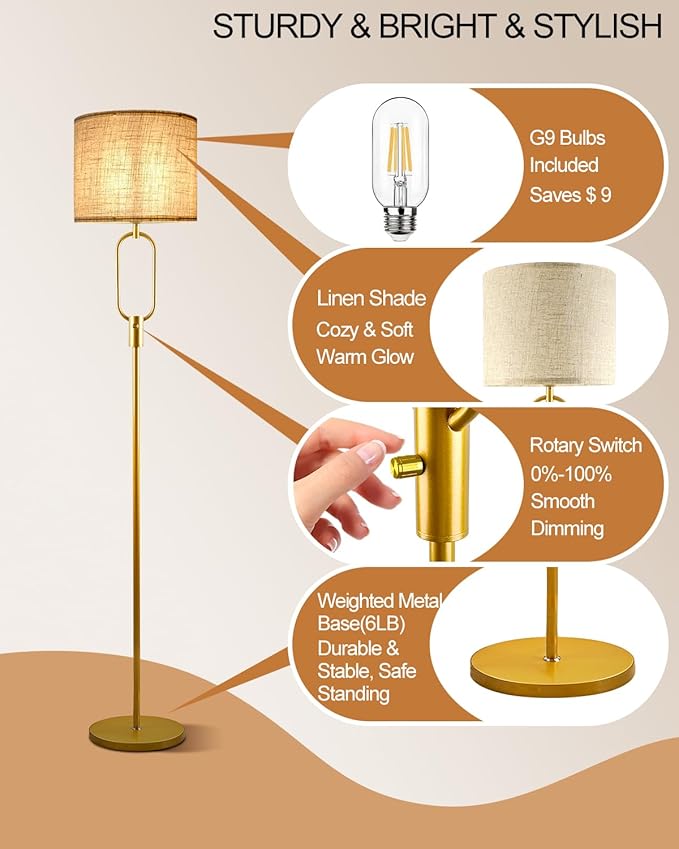 Lightdot 68IN Gold Floor Lamp Dimmable Linen Shade LED Floor Lamps with 3000K Soft Warm White for Wedding/Party, Modern Tall Lamp for Living Room/Bedroom (Bulbs Included)