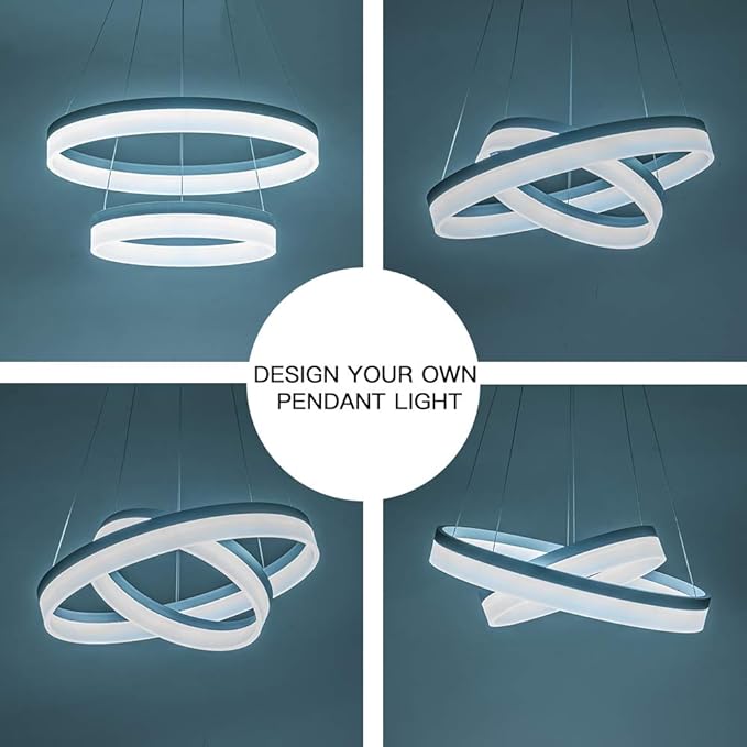 LED Silver Chandeliers Modern Pendant Light, 2 Rings Dimmable Chandelier Lighting Fixture for Living Room Bedroom Kitchen Island Resturant Dining Room 6000K Cool White