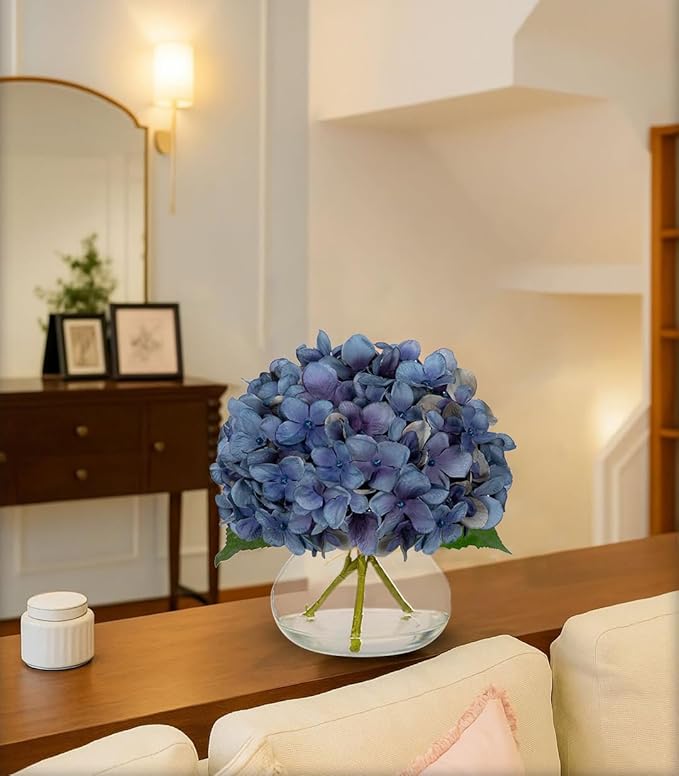Hollyone Blue Hydrangea Fall Flowers Artificial for Decoration with Glass Vase Autumn Silk Faux Flower Arrangements with Fake Water Table Centerpiece Vase with Flowers Fall Decorations for Home