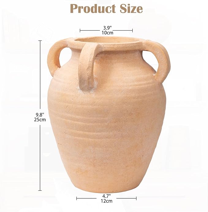 Handcrafted Flower Vase, 9.8" Tall Terracotta Vases, Vintage Rustic Ceramic Vase Décor with 4 Handles, Wide Mouth, Matte Finish for Home Office Resto Café Décor