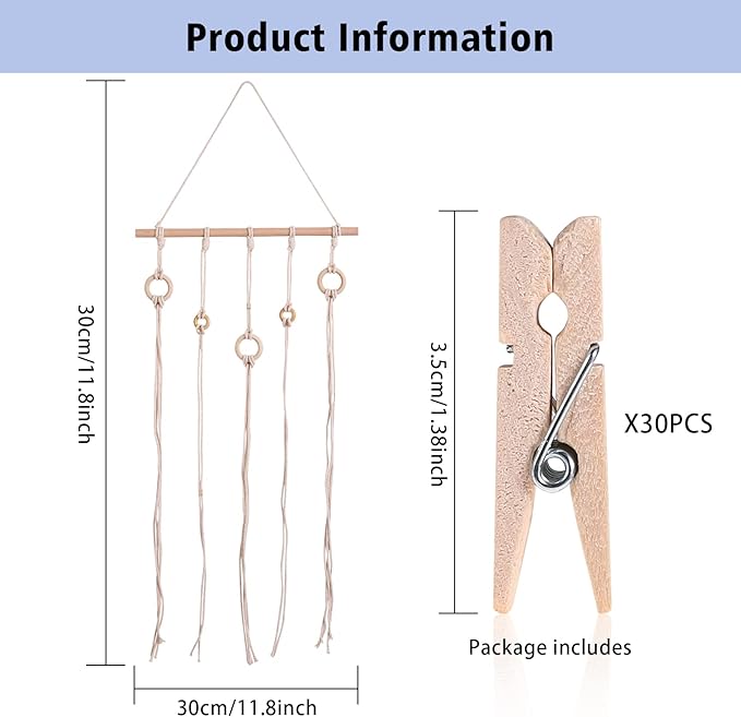 Hanging Photo Display, Macrame Wall Hanging Pictures Holders, Boho Pictures Organizer for Wall Decoration, with 30 Wood Clips, for Rustic Country Decor, Home, Office, Nursery Room