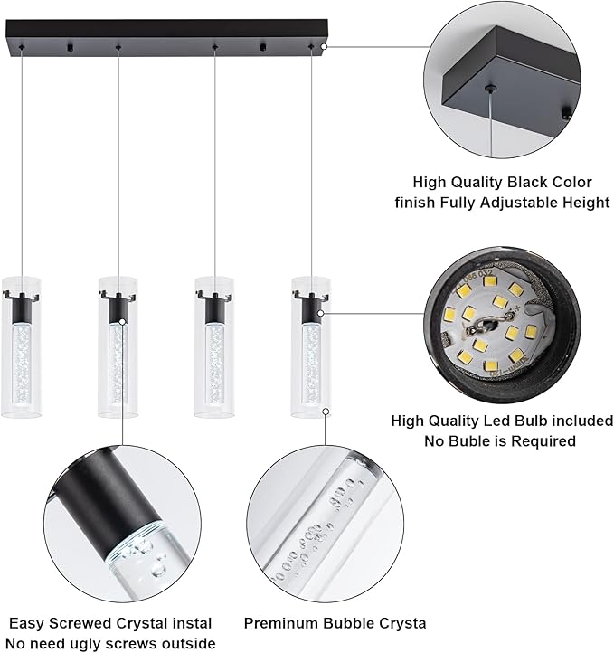 Pendant Light fixtures, Integrated 4-Light Pendant Lighting Black Finish, Dimmable Pendant Lights Kitchen Restaurant, Dining Room