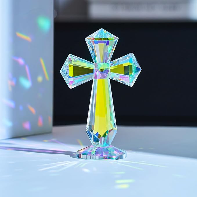 Crystal Glass Standing Cross Decor, Easter Christmas Decoration for Pary dad man，Religious Gifts for Women Men Father Mother, Handmade Glass Holy Collectible Figurines (Multicolor Crystal Cross)