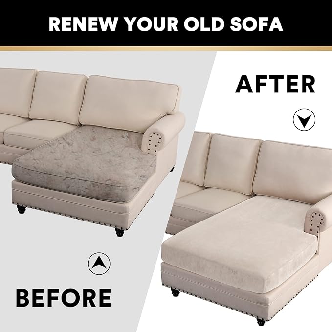 PrinceDeco Sectional Couch Covers Velvet Couch Cover for Dogs Washable L Shaped Couch Cover 1 Piece Individual Sectional Couch Covers with Elastic Bottom(Chaise Lounge,Ivory)