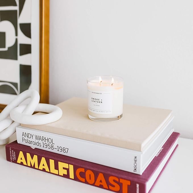 Calyan Wax Co. 2 Wick Candle, Smoke + Leather Scented Candle, 37 Hour Burn Time, Aromatherapy Soy Candles, Non Toxic & Vegan Soy Wax, Glass Tumbler Scented Candles, 8.8oz