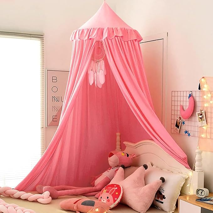 Kertnic Decor Canopy for Kids Bed, Soft Smooth Playing Tent Canopy Girls Room Decoration Princess Castle, Dreamy Mosquito Net Bedding, Children Reading Nook Canopies in Home (Nordic Pink)