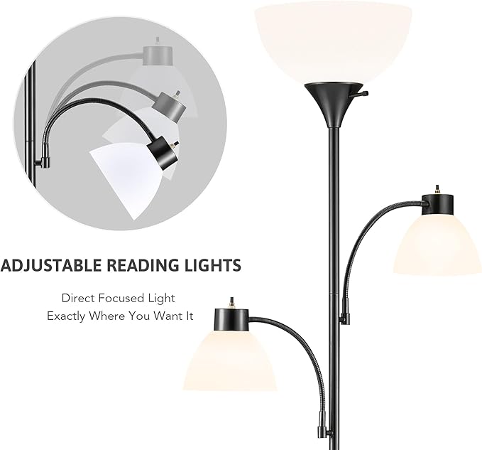 VONLUCE 71" Floor Lamp, Standing Lamp with Adjustable Reading Lights & 3 Bulbs, Modern Torchiere Floor Lamp with 3 Color Temperatures, Tall Lamp for Living Room Bedroom Corner, Black