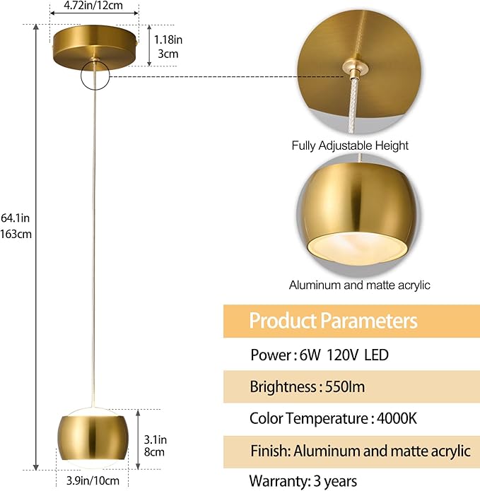 Modern LED Dimmable Pendant Light fixtures,Mini Island Pendant Lighting for Kitchen Island Dinning Room,Bedroom,Bar, Kitchen Island Ceiling Hanging Light Fixtures(gold-3-Pack)