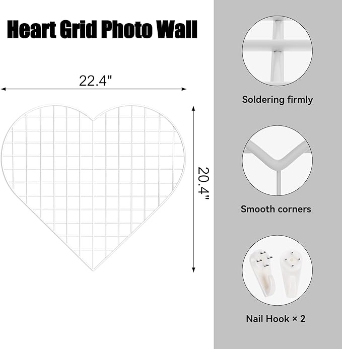 Grid Photo Wall Panels - 22.4"x20.4" Heart Shape Iron Rack Art Wire Board, Wall Grid Organizer, DIY Photo Frame for Home, Office, Kitchen, Bedroom, Christmas Gifts - White