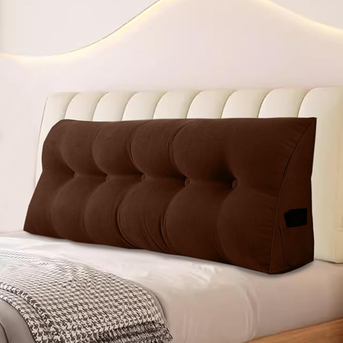 Large Triangular Headboard Pillows Long Backrest Positioning Support Bolster Cushion for Daybed Fluffy Quality Plush Body Wedge Pillow with Removable Cover(Dark Brown-Cal King-71x8x20 in)