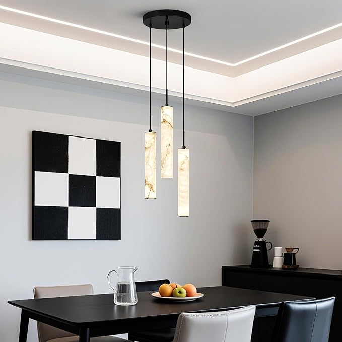 LMQNINE Natural Alabaster Pendant Lights for Kitchen Island White Marble Long Tube Chandelier Modern Black Ceiling Light Fixtures for Bedroom Dining Room Table Living Room Hallway(Y-3Light-Crackle)