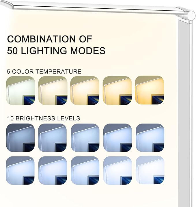 Led Desk Lamp, Desk Lamp with USB Charging Port, 5 Color Modes, 10 Brightness, Natural Light, Eye Caring Reading Lamp, Desk Light for Home Office, Table Lamp, Touch Control, Auto-Timer, White