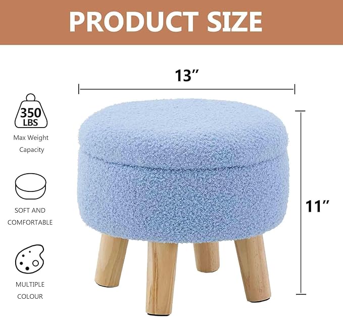 Wimarsbon Storage Ottoman, Modern Round Footrest with Soft Padded Seat, Teddy Velvet Footstool with Wood Legs, Accent Small Table or Plant Stand for Hallway, Living Room (Blue)