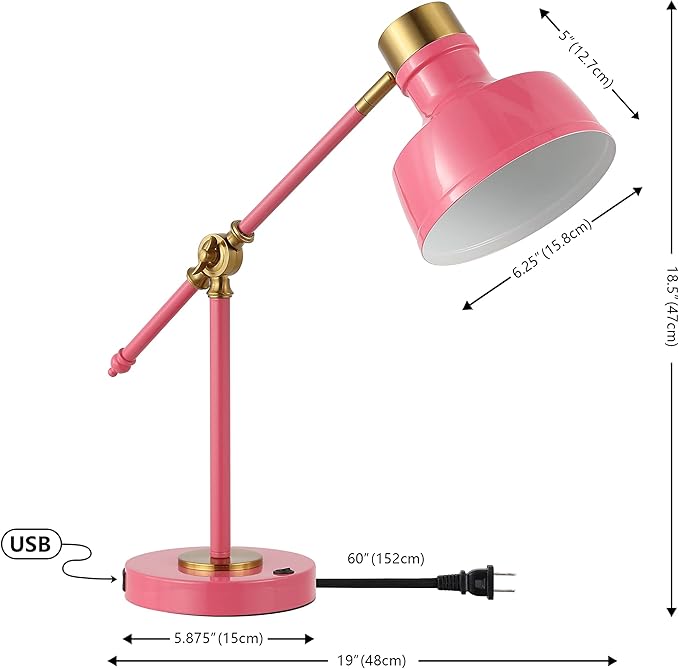 JONATHAN Y JYL7124D Allegra 18.5" Adjustable Cantilever LED Task Lamp, USB Charging Port, Classic, Coastal, Industrial, Farmhouse, Traditional for Bedroom, Living Room, Office, Pink/Brass Gold