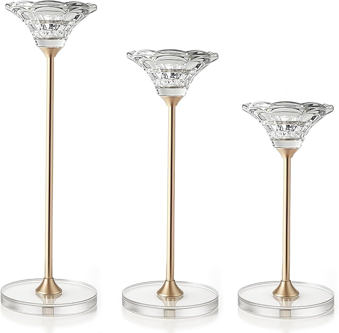 Candlestick Holders, Crystal 2 in 1 Taper and Pillar Candle Holders, Set of 3 Clear Glass Candle Holder, Decorative Candle Holder Candelabra for Home Decor, Wedding, Party, Anniversary