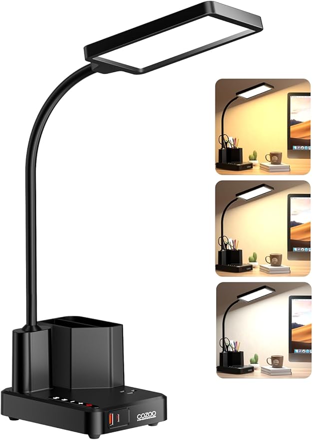 Desk Lamp, COZOO LED Desk Lamps for Home Office with USB Charging Port/Outlet/Organizer,Desk Lamp for College Dorm Eye-Caring Study Light,Gooseneck Table Lamp with Pen Holders/Storage,9 Lighting Modes