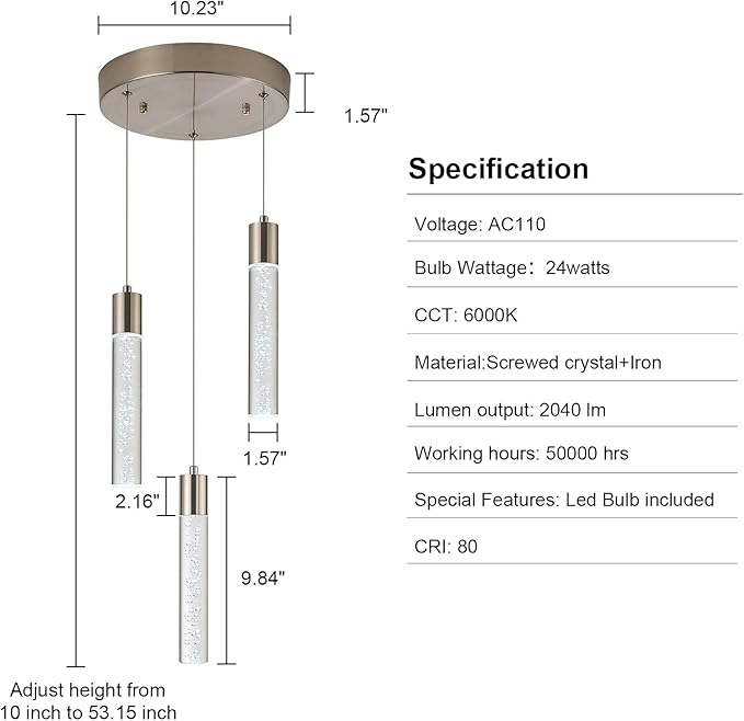 Pendant Light fixtures, Integrated 3-Light Pendant Lighting Silver Finish, Dimmable Pendant Lights Kitchen Restaurant, Dining Room