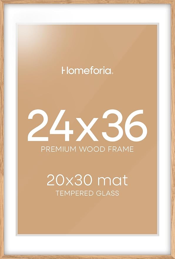Homeforia 24x36 Poster Frame Wood, High End Natural Oak 24 x 36 Large Picture Frame with Mat 20 by 30, 24x36 Light Wooden Frames Matted to 20x30 Photo, 36x24 Frames, Tempered Glass, Wall Kit, Set of 1