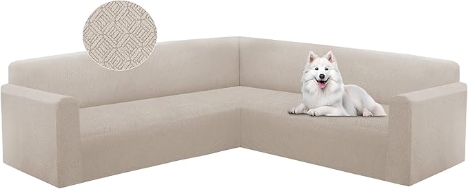HDCAXKJ Sectional Couch Cover L Shape Stretch Sofa Covers Washable Jacquard Corner Couch Slipcover Non Slip Sectional Slip Cover U Shaped Furniture Protector for Pets Dogs (Natural, Medium)