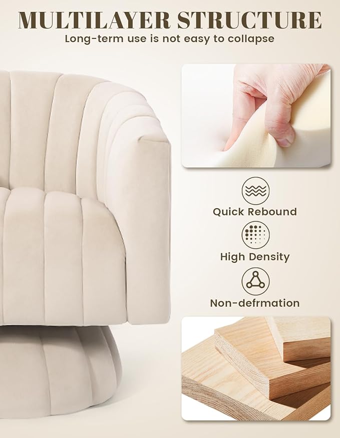 Kromax Swivel Accent Chair with Armrest, Mid Century 360 Degree Swivel Barrel Chair Overstuffed Tufted Velvet, Ideal for Living Room, Bedroom, Reading Room, Beige
