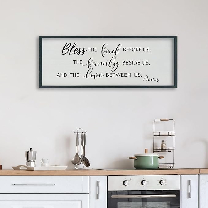 SRSZHIYUE Bless the Food Before Us Wall Sign Decor 40"×15" Christian Bible Verse for Farmhouse Rustic Kitchen Dining Room Framed Wood Scripture Religious Jesus Prayer Wall Art (Black)