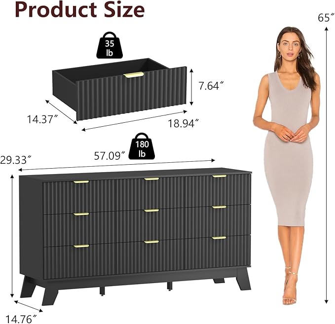 Fluted Black Dresser for Bedroom,9 Drawer Dresser for Closet,57" Wide Storage Cabinet and Chest of Drawers with Gold Handle,TV Stand,Storage Organizer for Living Room,Hallway,Entryway